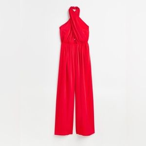Long halter neck red jumpsuit